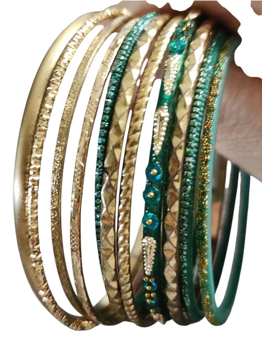 Goldtone and Teal Thin Bangle Bracelet Set